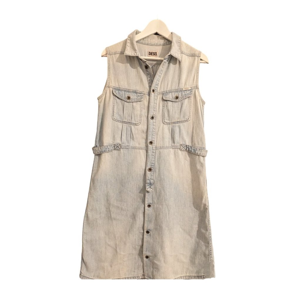 Diesel Jeans Mini Sleeveless Shirt Dress Button Down Adjustable Waist Size M